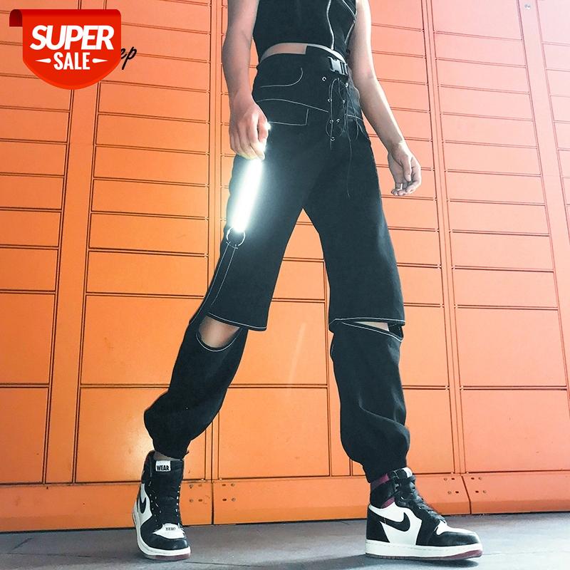 

Weekeep High Waist Hollow Out Cargo Pants Women Korean Black Reflective Drawstring Trousers Buckle Hip Hop Sweatpants Streetwear #eT5a, Black;white