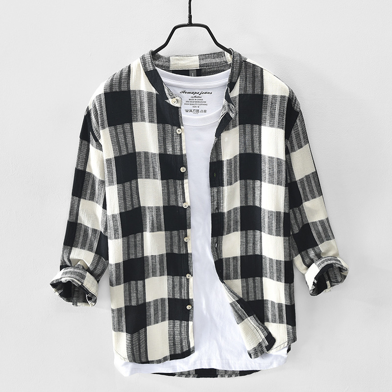 

2021 Autumn New Men 3/4 Plaid Shirt Classic All-match Male Casual Cotton Retro Linen Tops Clothes Y3450 X0qv, Black pigment