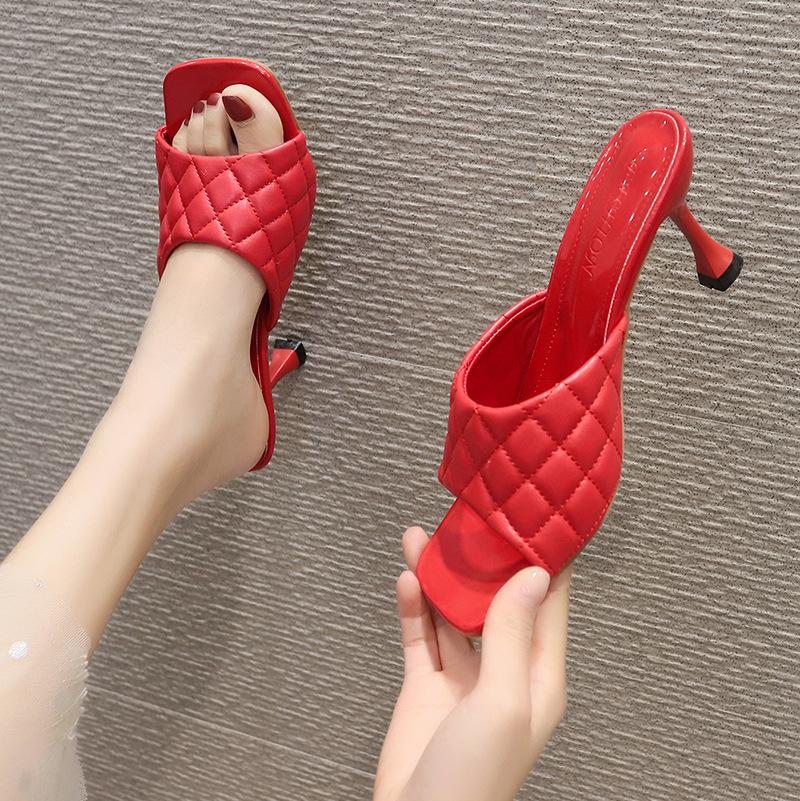 

Red Marian Sqaure Toe Red Quilted Mule Heels Shoe Black PU High Heel Shoes Women Sandals Sliper Woman Shoes Zapatos Mujer White, Green