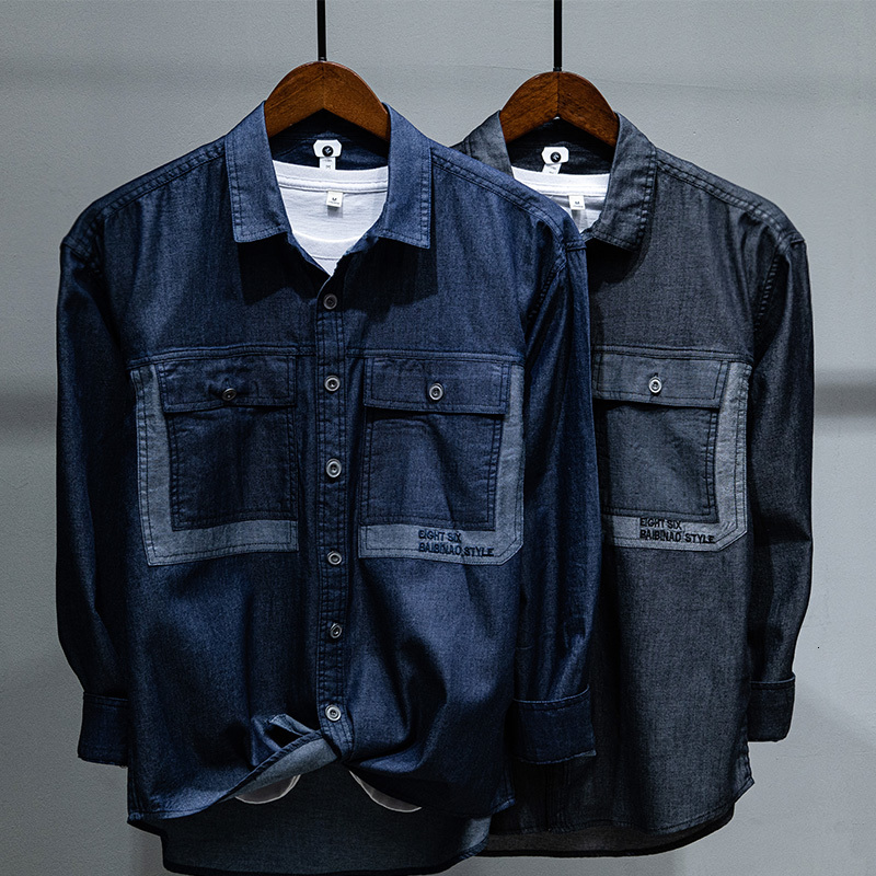 

2021 New Brand Long Sleeve Denim Cotton Shirt Casual Fashion Solid Shirts for Men Tops Mens Clothing Chemise Camisa K9ln, Blue