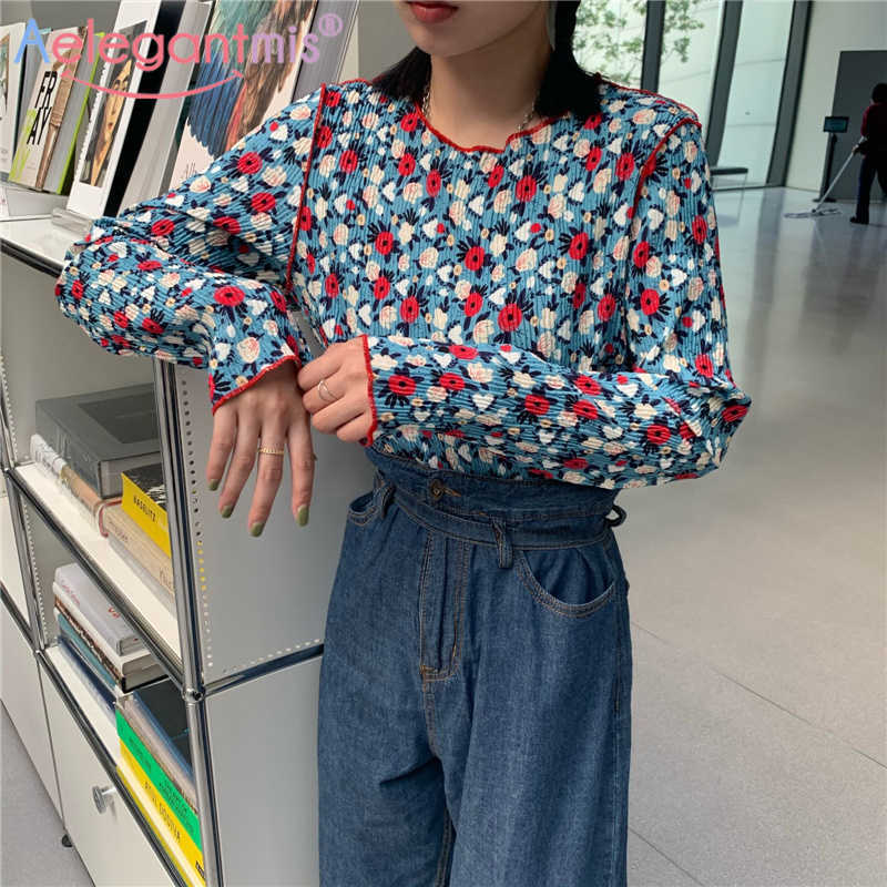 

Aelegantmis Slim Floral Crop Top Women O Neck Long Sleeve Color Block Flower Blouse Spring Woman Print Korean Fashion 210607, Blue