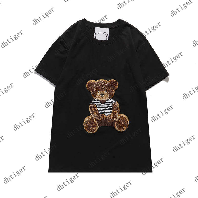 

New Embroidered Letter Unisex T Shirts Cute Bear Pattern Men Women T-Shirts Tops Summer Short Sleeve Tshirt Clothes, Black