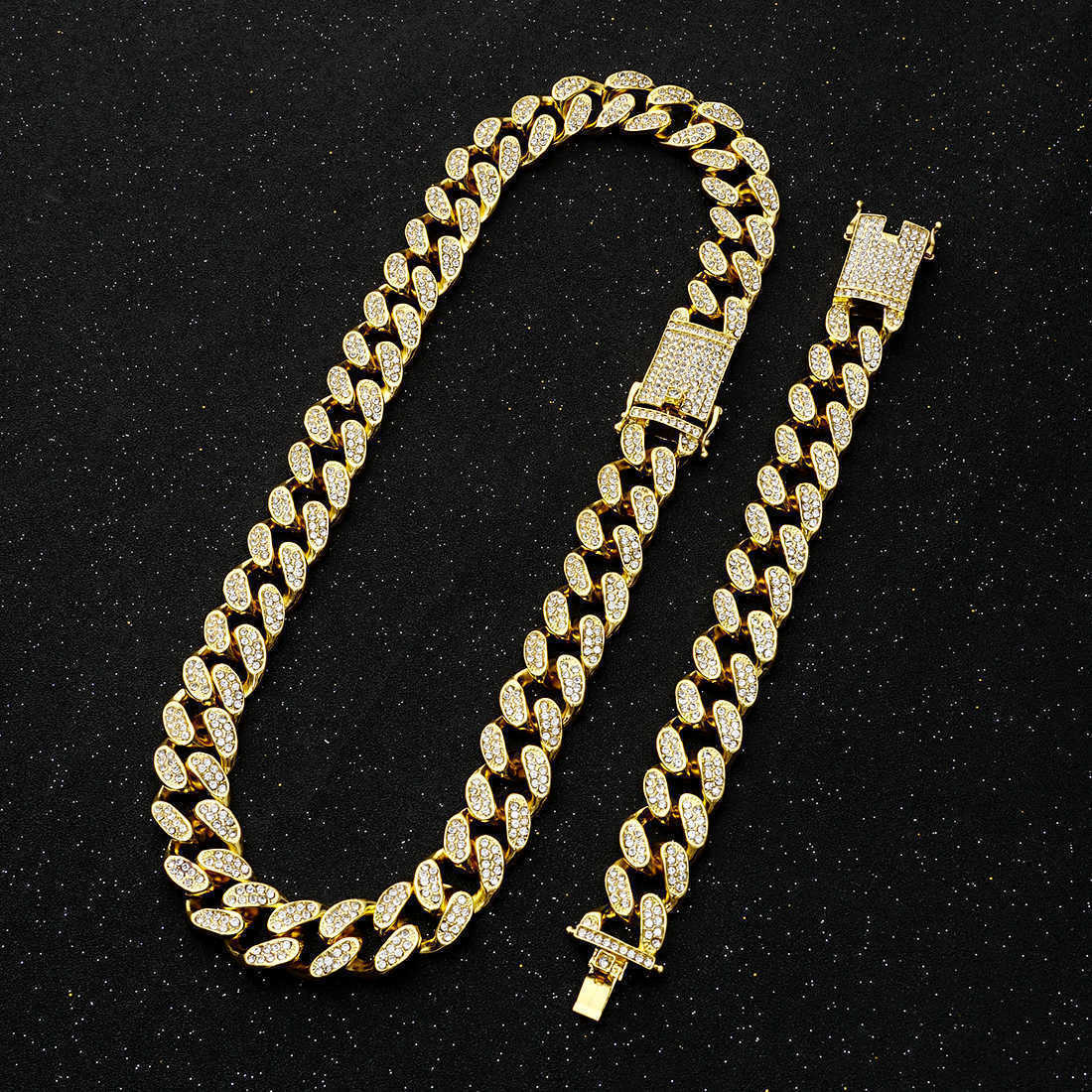 

Men's Hip Hop Necklace and Bracelet Set, Silver, Ice Crystal, Miami, Cuba Chain, Heavy Water Diamond, Rapper, 2cm Q0809