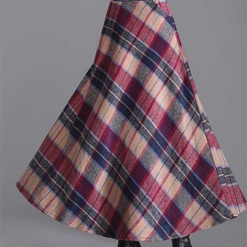 

TIGENA Vintage Long Plaid Skirt Women Fall Winter Elegant Thick Warm Color Contrast A Line High Waist Maxi Female 211214, Green red plaid
