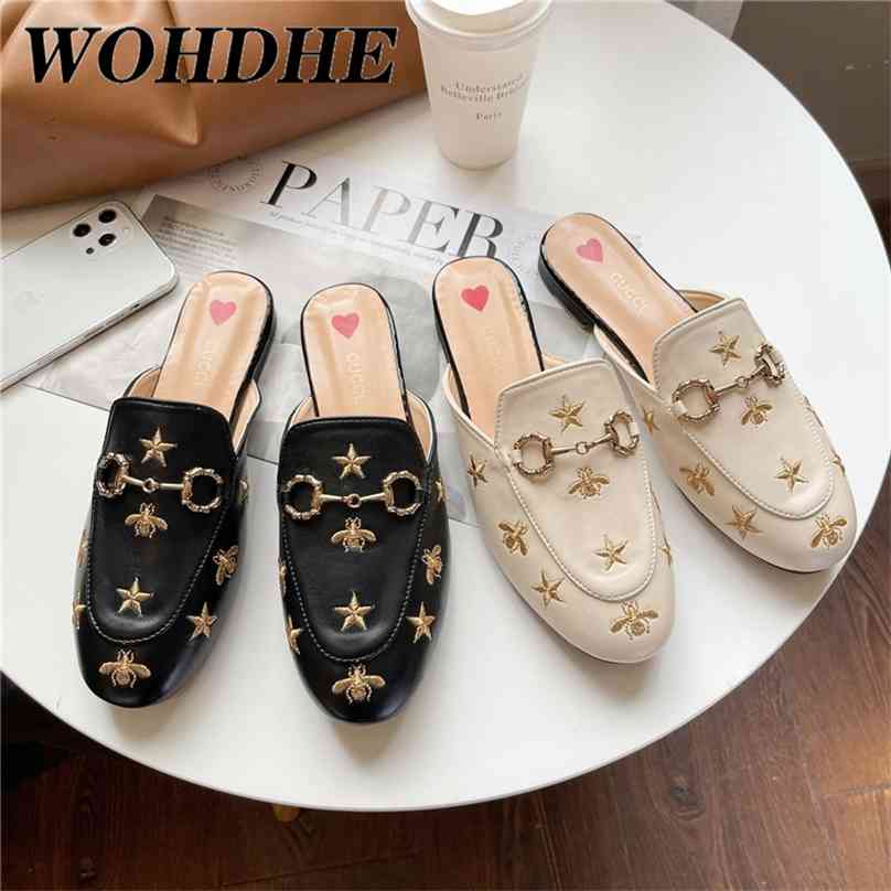 

Embroidered Bee Mules Shoes Metal Buckle Leather Slip on Flats Women Comfortable Beauty Half Slipper Snug 2107122, Black 2