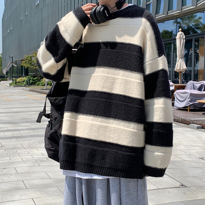 

2021 New Winter Striped Sweater Men's Warm Fashion Casual O-neck Knitted Pullover Men Wild Loose Korean Knitting Sweaters Mens Clothes 06vj, Lime