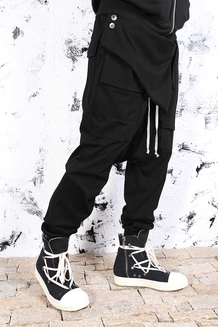

Babel rock dark ro girdle pocket block hanging crotch tooling baggy pants casual pants Owens style, Black