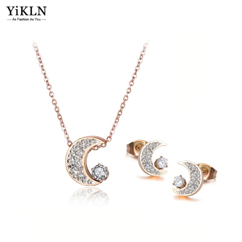 

Earrings & Necklace YiKLN Fashion Cubic Zirconia Moon Choker Necklaces Sets For Women Rhinestone Stainless Steel Female Jewelry YSE013, Silver