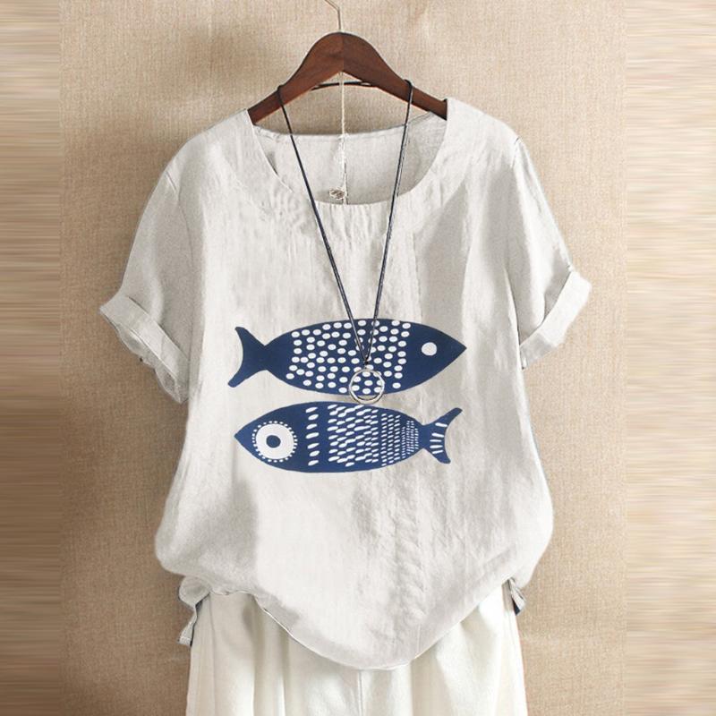 

Women' T-Shirt 2021 Women Graphic Fish Cartoon Fashion Print Top Female T Shirts Retro Cotton And Linen Streetwear O-neck Clothes, Blue