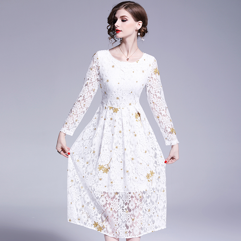 

2021 New Primavera e Vero Novas Mulheres Longo-manga Vestido Renda Bordado Das Senhoras Em Torno Do Pescoo a Linha De Vestidos Para Wo0w, Black
