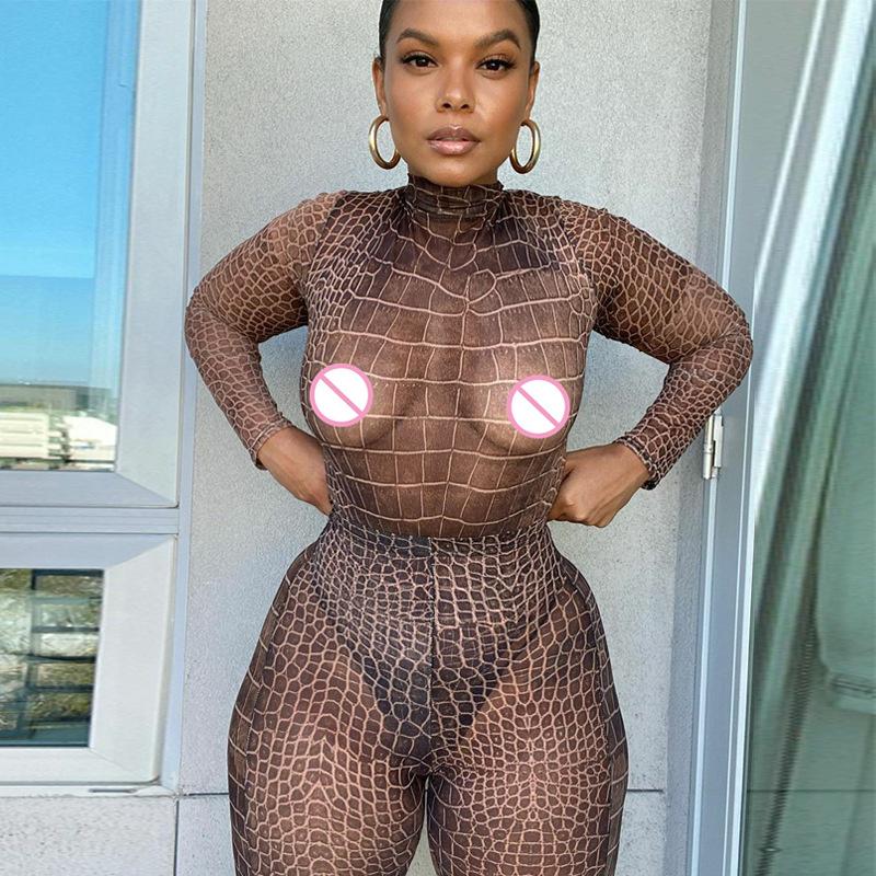 

Women' Two Piece Pants Thorn Tree Plaid Mesh See Through Skinny 2 Outfits Women Suits Sexy Long Sleeve Bodysuits High Waist Party Clubwear, Brown