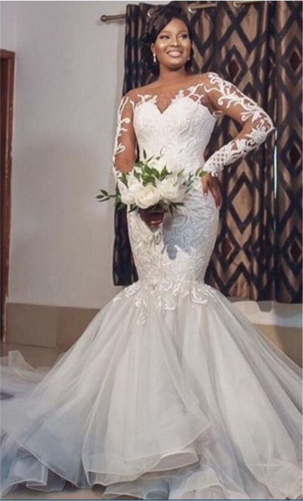 

Vintage 2021 Plus Size Mermaid Wedding Dresses Bridal Gowns Jewel Neck Long Sleeve Lace Appliqued Robe de mariée, Multicolor
