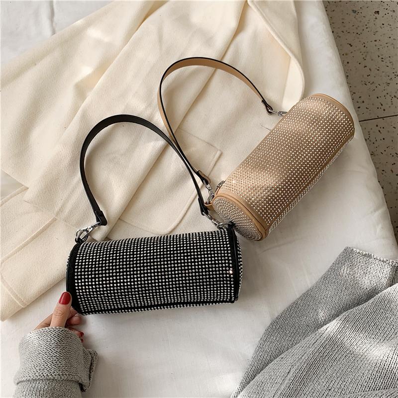 

2021 Fashion Luxury Women Rivet Shoulder Underarm Bag Lady Casual Messenger Handbag Female Khaki Crossbody Barrel Shaped Bags, Black
