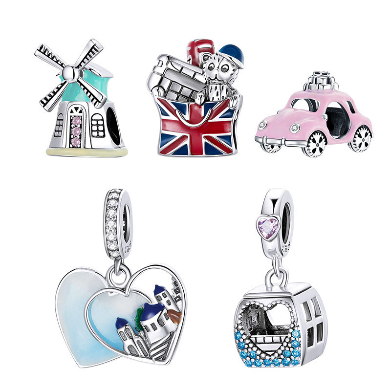

bamoer 925 Sterling Silver Travel London Charm Pink Cable Car Windmill Zirconia Heart Beads for Women Bracelet Jewelry SCC1738 Q0531