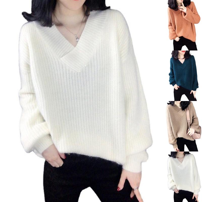 

Women's Sweaters Sweet Plain Jumper V Neck Pullover Winter Autumn Elegant Casual Knit Sweater Loose Baggy Women Tops, White;black