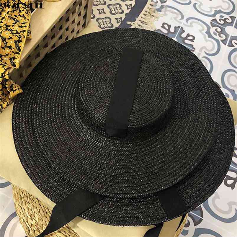 

Handmade Black Natural Straw Hat for Men Women Bandage Ribbon Tie Wide Brim Sun Derby Protection Summer Beach 210608, Natural with black