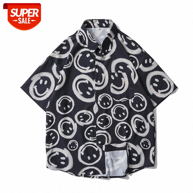 

Flowing retro smiley short-sleeved shirt male loose oversize Harajuku style street hip-hop half-sleeved #uY5o, White;black