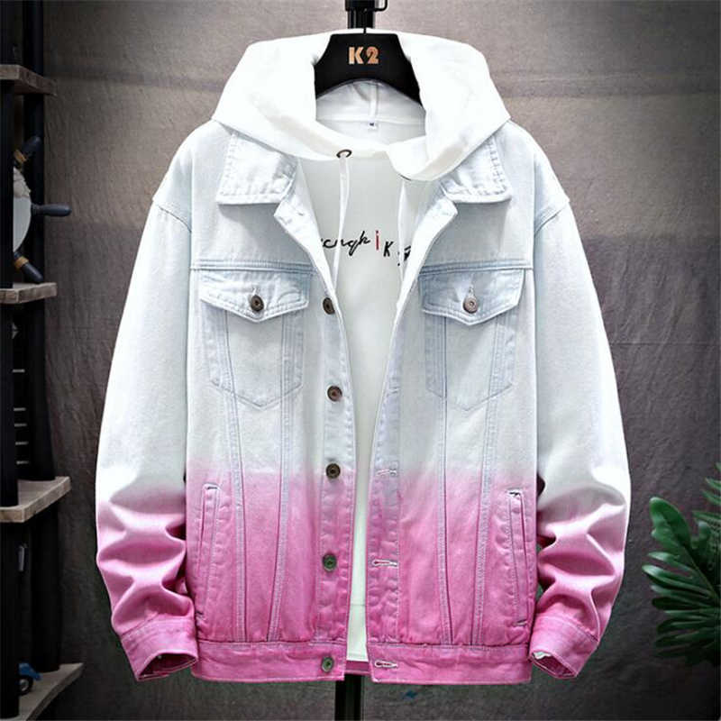 

Spring Mens Denim Jacket Mens Trendy Fashion Slim Bomber Gradient Color Denim Jacket Male Retro Cowboy Jeans jackets Clothing X0621, Lt blue