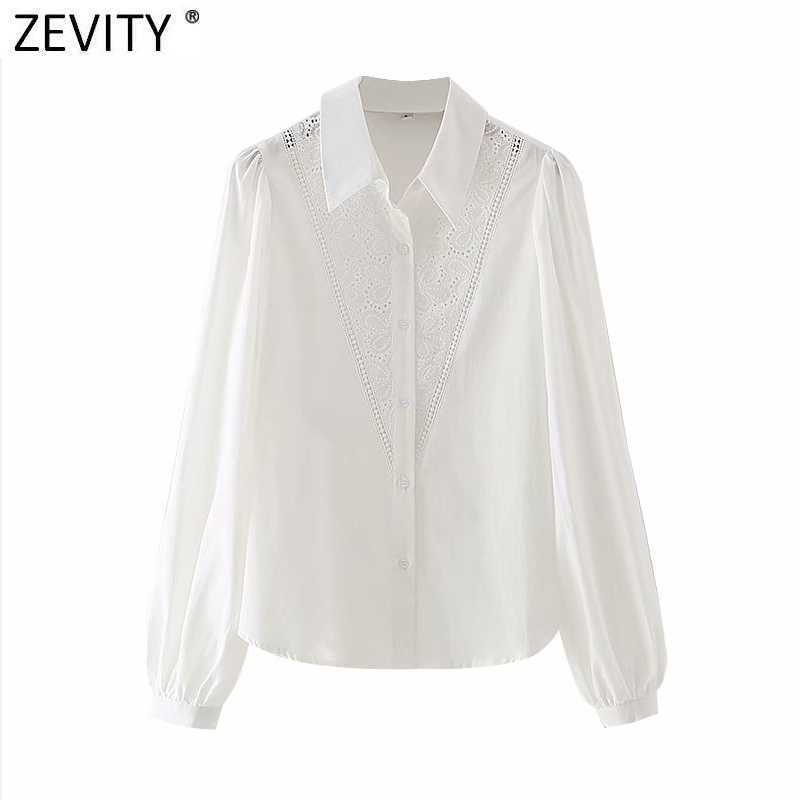 

Zevity Women Fashion Hollow Out Lace Embroidery White Shirt Office Ladies Casual Blouse Roupas Chic Femininas Tops LS7602 210603, As pic ls7602gl