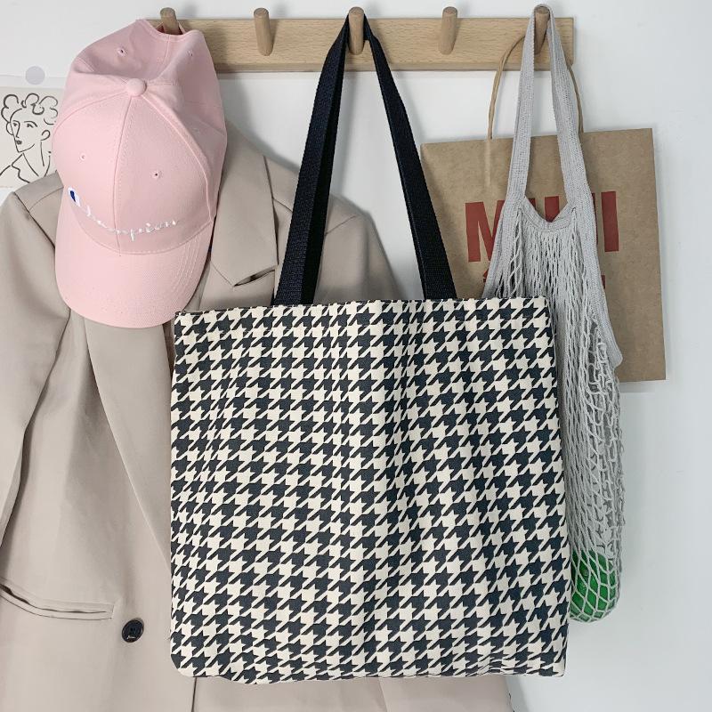 

Large Capacity Houndstooth Print Classic Black White Canvas Shoulder Bag for Women Tote Handbag Cotton Cloth Shopping Bag Purses