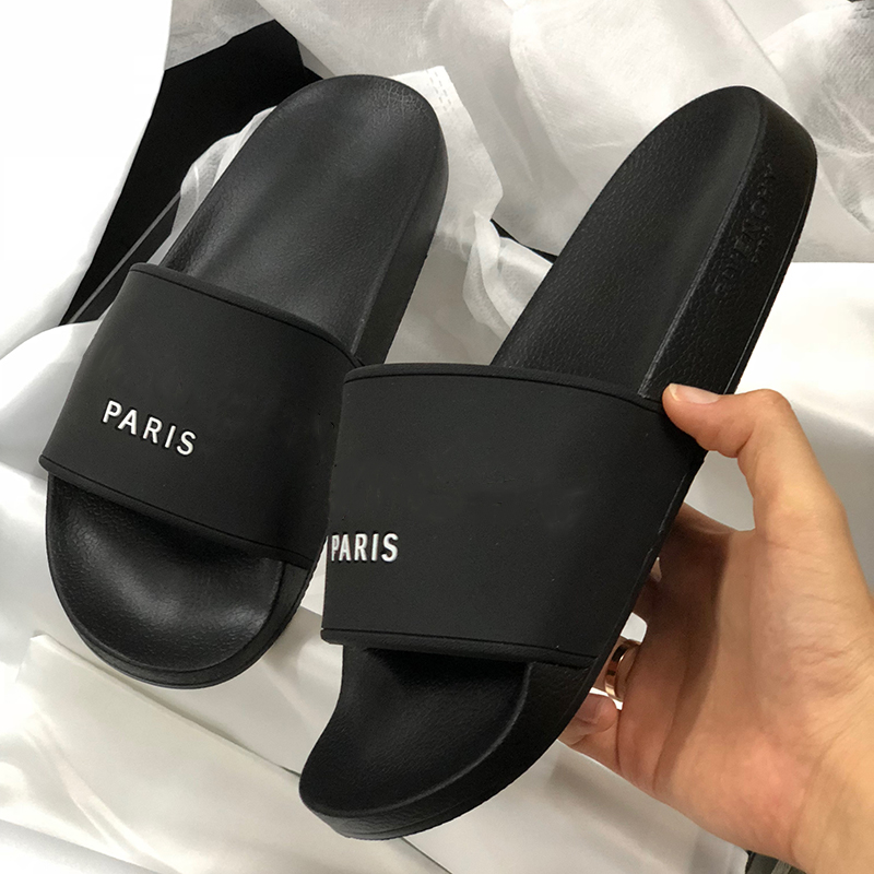 

2021 Designer Paris Sliders Men Women Summer Sandals Beach Slippers Ladies Flip Flops Blue White Red Green Slides Top Quality With Box NO69, Color 1