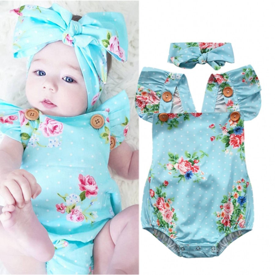 

Newborn Baby Girls Floral One-pieces Romper Sunsuit Headband Clothes Set 0-24M, Blue