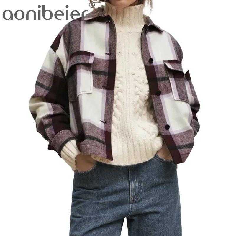 

Plaid Jacket Women Coat Spring Vintage Stylish Pockets Long Sleeve Top Shirts Loose Casual Chic Tops 210604, Brown