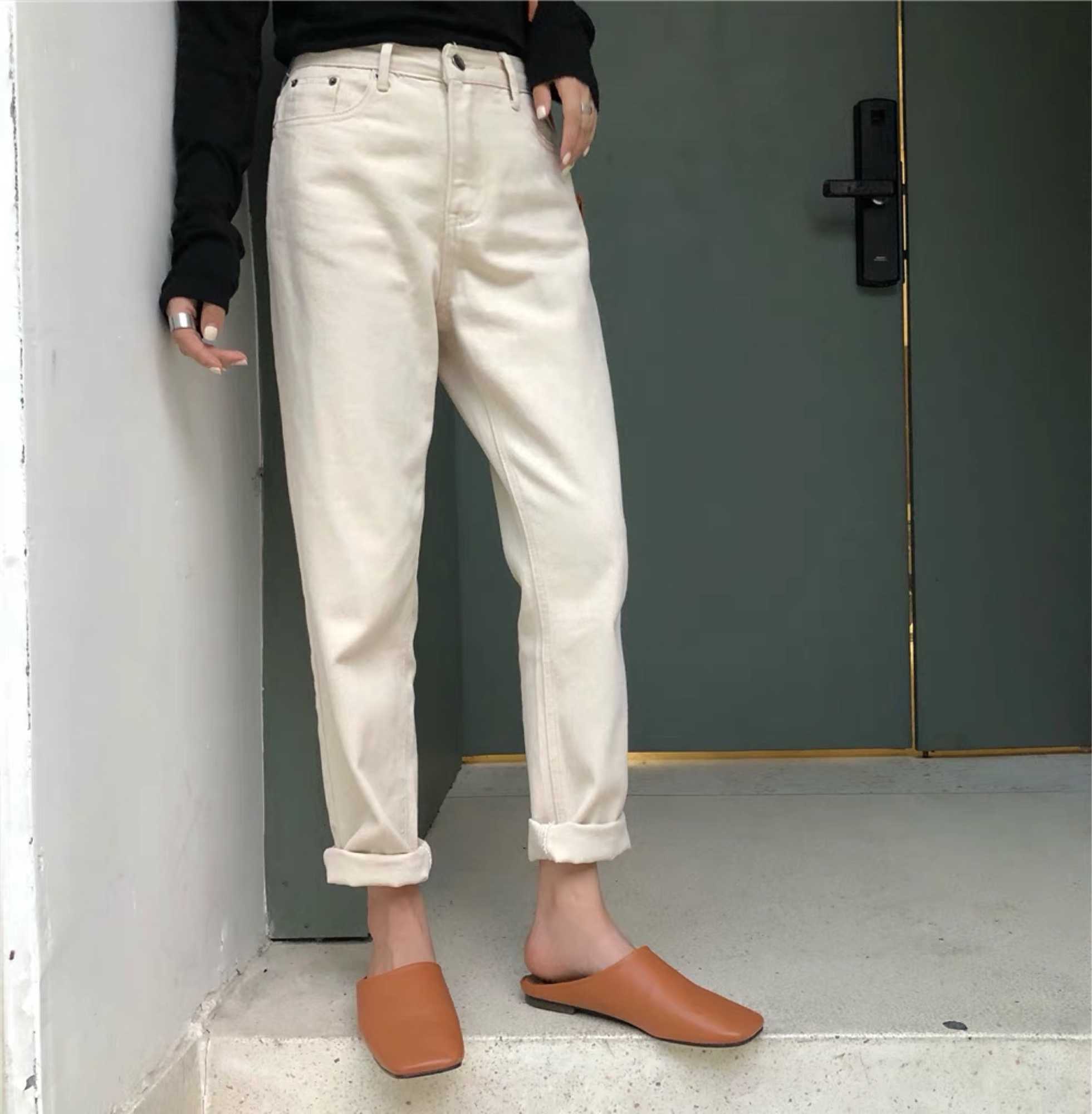 

Women Fashion White High Waist Jeans Korean Style Women Cropped Denim Pants Streetwear 210604, Creamy-white