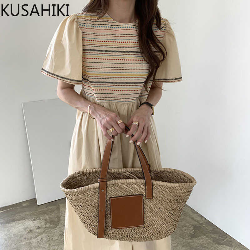 

KUSAHIKI Summer Woman Dress Vintage Embroidery Causal Elegant Dresses Flying Sleeve O-neck High Waist A-line Vestido 6G908 210602, Blue