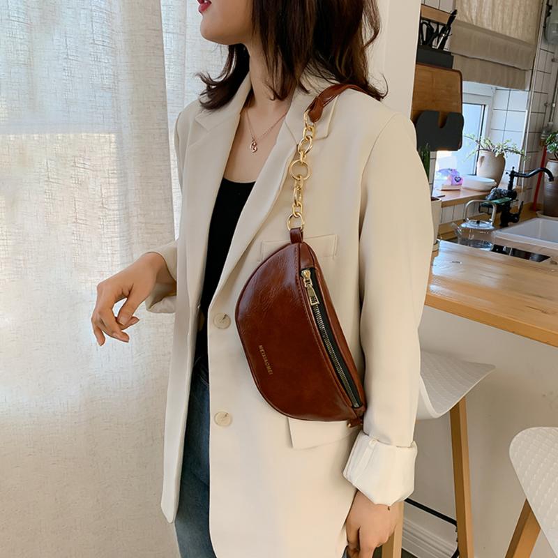 

Solid Color Letter Zipper Shoulder Messenger Handbags Women PU Leather Chain Waist Fanny Packs Crossbody, Dark brown