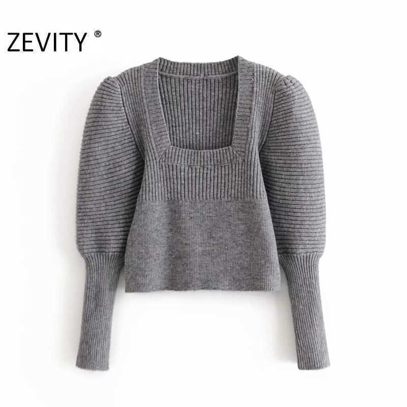 

ZEVITY women high street square collar knitting sweater female puff sleeve casual slim sweater chic retro pullover tops S414 210603, Dwdd s414w