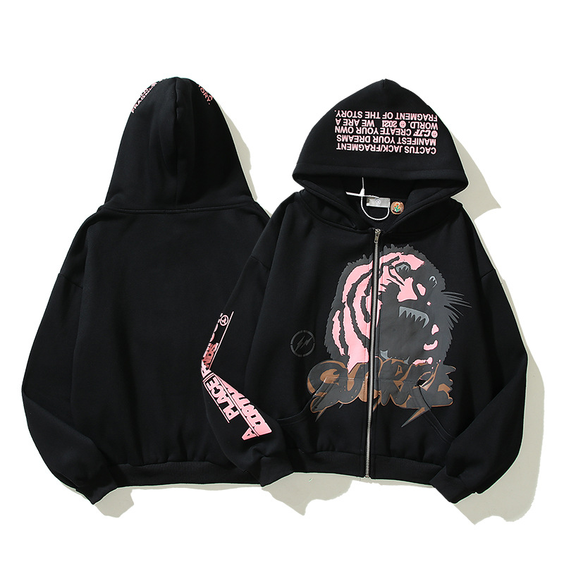 

Travis Scott Letter Print Tinger Foam Zipper Hooded Hoodie Mens and Womens Harajuku Hip Hop Loose tech Fleece hoodie, Black