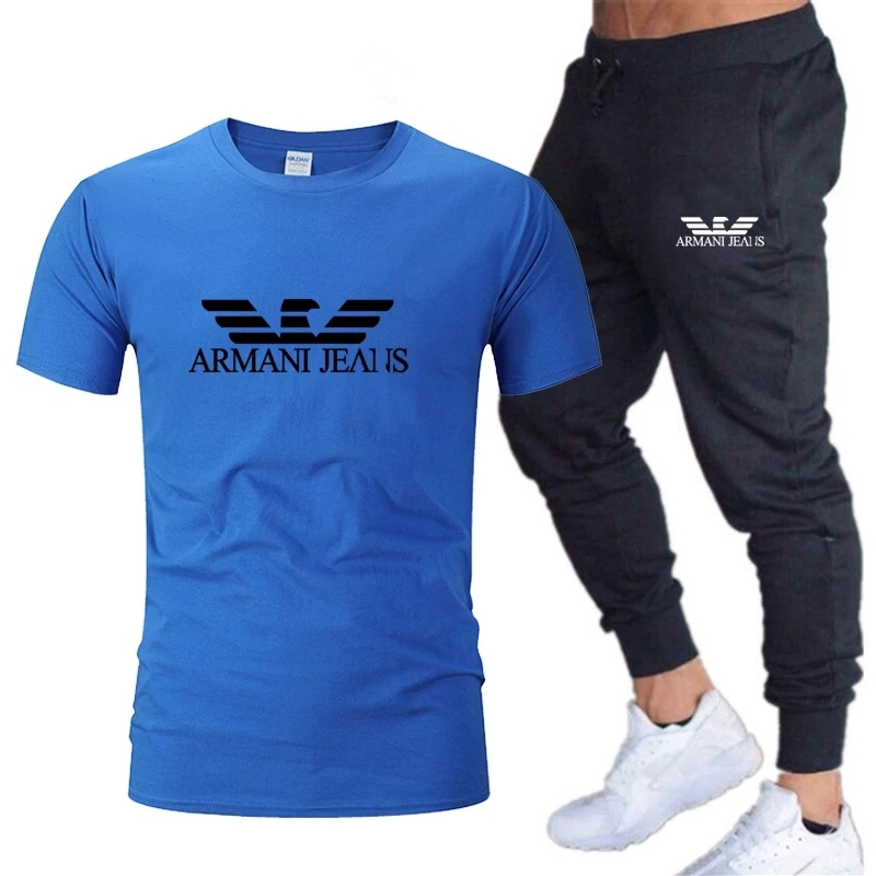 

Men's T-shirt suit shorts sports brand shirt printing two-piece suit men's casual exercise fitness set jogging round neck suit L0309, Gray