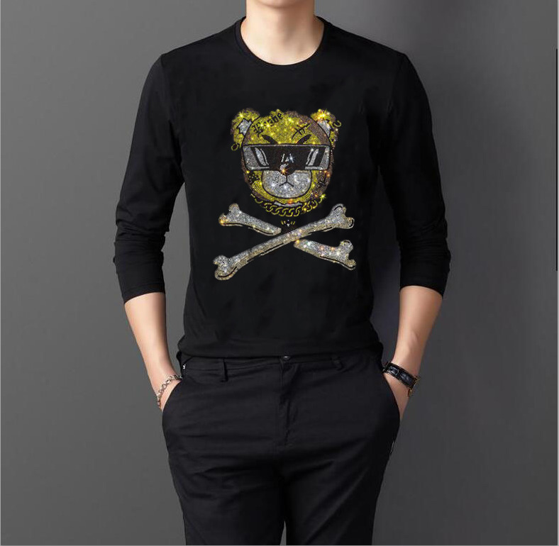

2021 New Long Hot Drill t Shirt Fashion Mens Diamond Stone Tops Tees Tshirt Full Sleeve T-shirt 65ps, As show