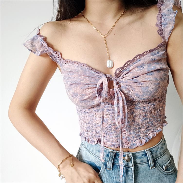 

ruffle straps tie front womens tanks floral print shirred detail crop with lace trimming, White