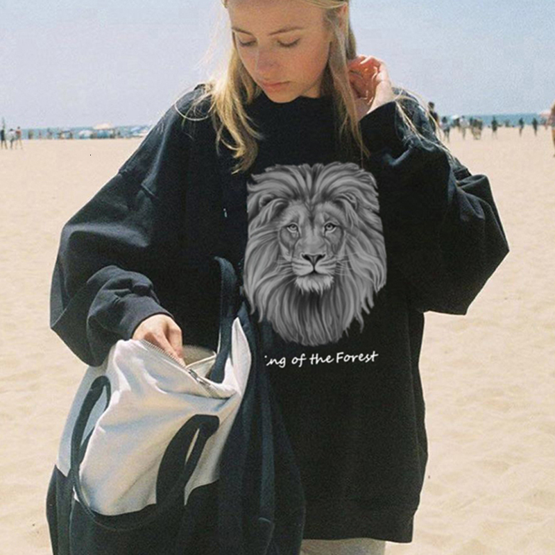 

2021 Black Lion Letter Printing Crewneck Sweatshirt Streetwear Pullovers Autumn Vintage Sweatshirts Women American-style U30r