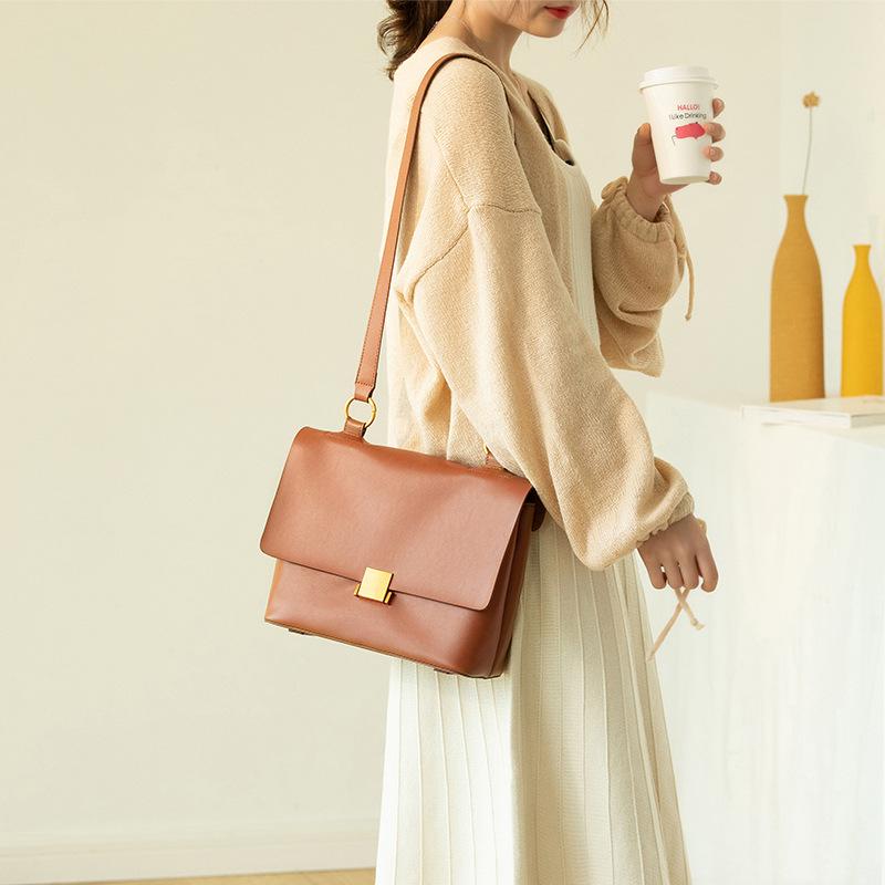 

The New Niche designer models modern Retro First layer cowhide High capacity Shoulder crossbody commuting briefcase Lady bags, Green