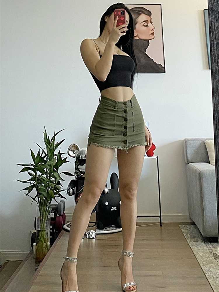 

Ins High Waist Stretch Denim Skirt Women's Single-Breasted Fashion Street Mini Bag Hip Slim Short 210604, Black