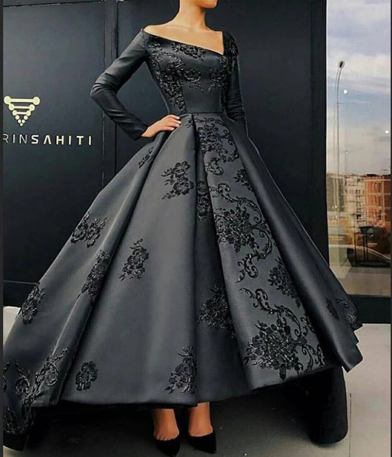 

Elegant Long Sleeve Arabic Style Prom Dresses 2021 A-line Beaded Lace High-Low Women Black Formal Evening Gowns Robe De Soiree, Blue