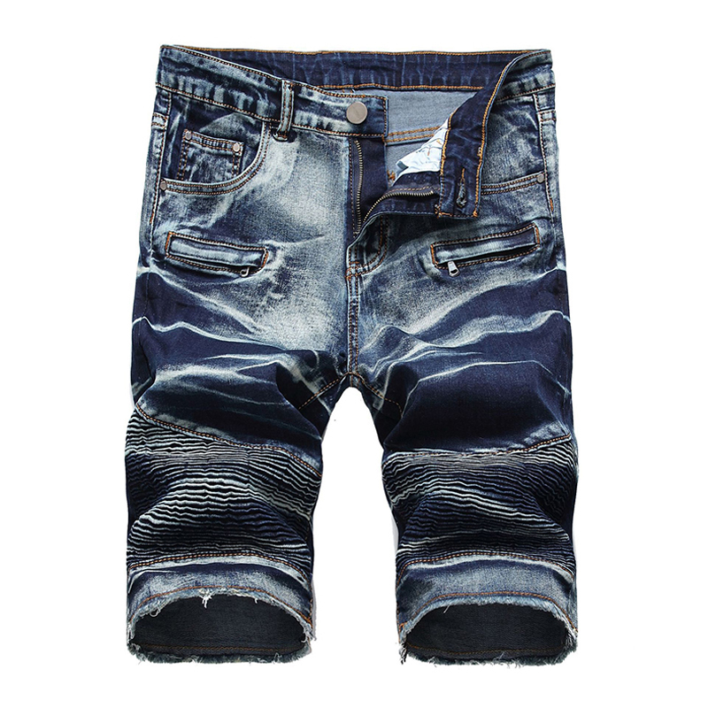 

2021 New Men's Male Biker Shorts for Motorcycle Tie and Dyed Pleated Slim Straight Stretch Denim Jeans Summer Capri Cpqm, Blue