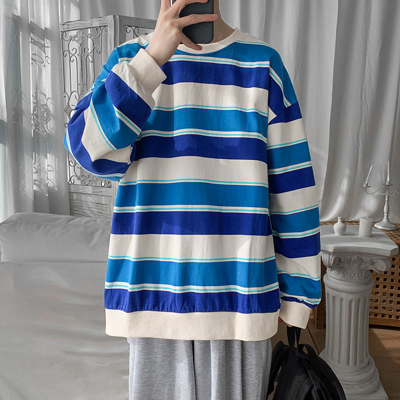 

2021 New Spring Cotton Striped Men's Fashion Casual O-neck Sweatshirt Men Streetwear Korean Loose Hip-hop Pullover Hoodies Mens 96nv, Blue