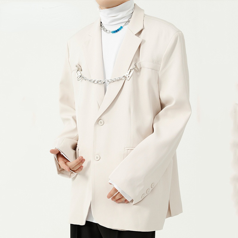 

Men's Wear Autumn New Korean Solid Color Suit Jacket 2021 Trend Loose Casual Chain Design Long Sleeve Blazer Tide 9Y9138, White;black