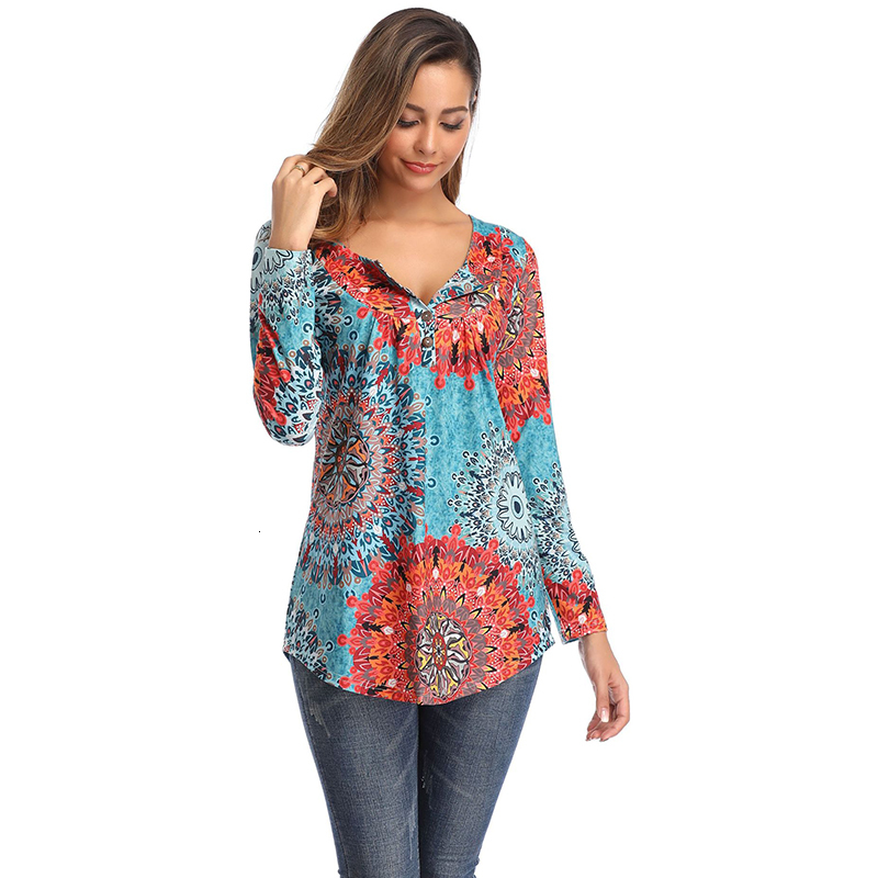 

2021 New Womens Tops and Blouses O-neck Print Casual Long Sleeve Boho Clothing Women Plus Size Fashions Floral Blouse Shirts B46x