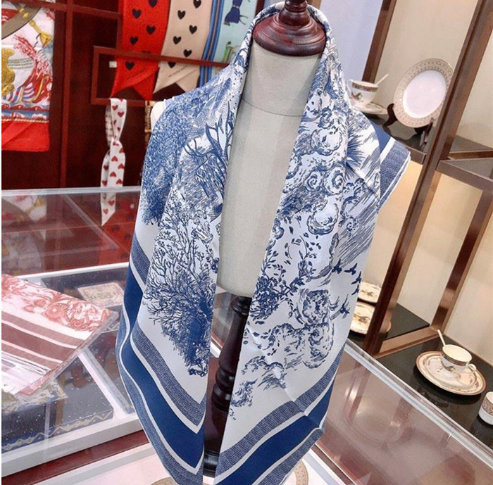 

2021 new fashion ladies spring/summer 100% silk scarves timeless classic landscape print square shawl 90*90cm without box, Blue;gray