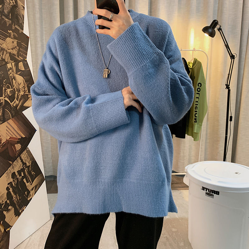 

2021 New Winter Sweater Men's Warm Fashion Solid Color Knitted Pullover Men Streetwear Wild Loose Knitting Sweaters Mens Korean Clothes 2tu7, Black