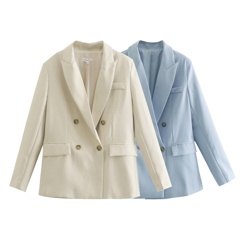 

Women Casual Blazer Coat Office Ladies Double Breasted Outwear Long Sleeve Suit Jacket Notched Collar 210525, Beige
