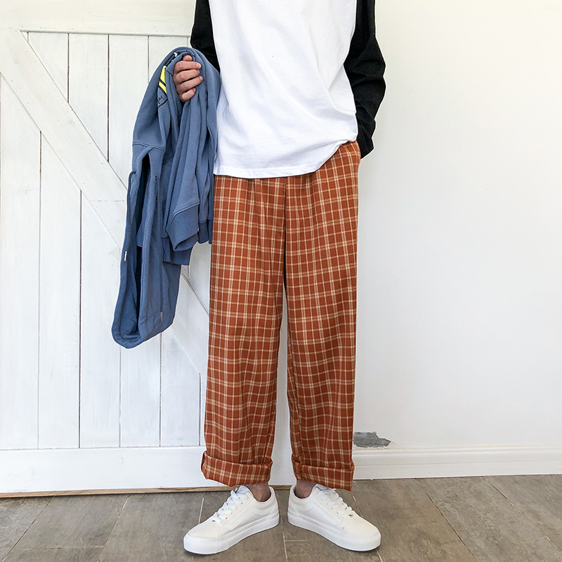 

2021 New Men's Wide Leg Lattice Printing Cargo Casual Pants Military Style Trousers Loose Leisure 2 Color Sweatpants S-2xl Ml54, Nacarat