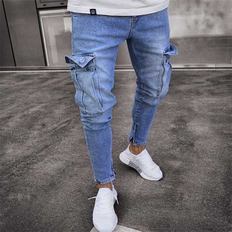 

Men Jeans Safari Style Pencil Pants Solid Slim Male Denim Trousers Cargo Streetwear Plus Size Autumn Spring Clothing 211108, Dark blue