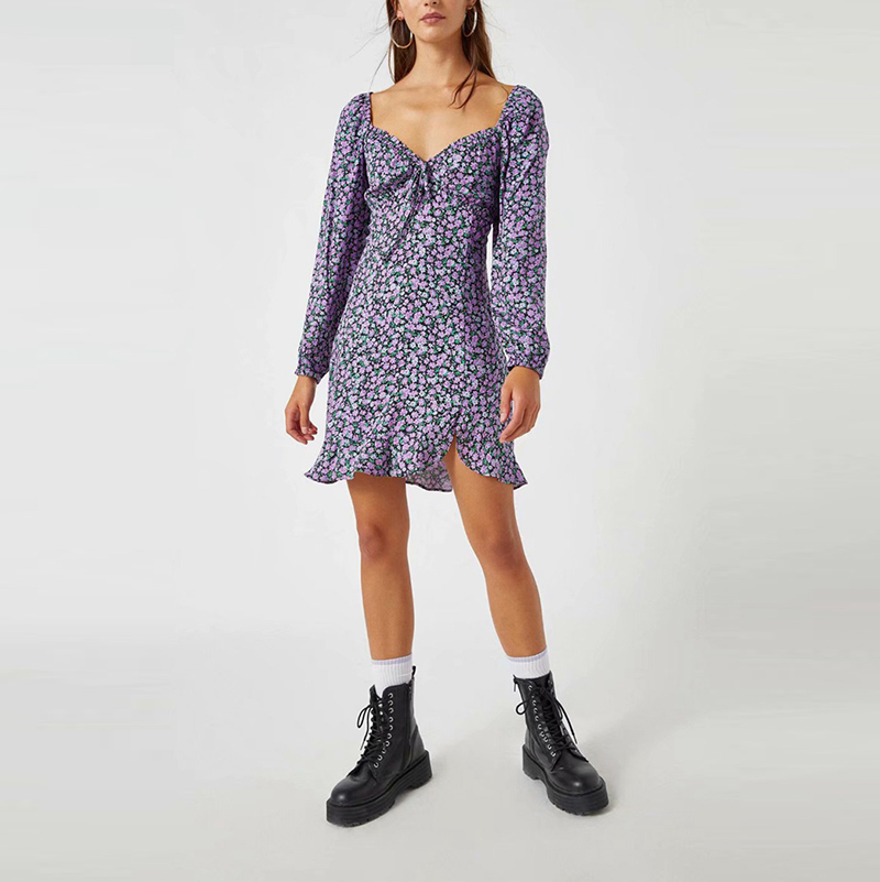 

Women Casual Floral Pirnted Puff Sleeve Dress Square Collar Lace Up Ruffles Mini Sweet Party Preppy Style NX9885 210525, Blue