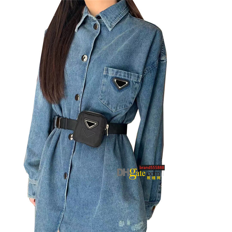 

Casual Denim Shirt Dress Waist Bag Decoration Belt Buckle Dresses Long Sleeve Triangle Label Skirts For Women Streetwear, Black;pink